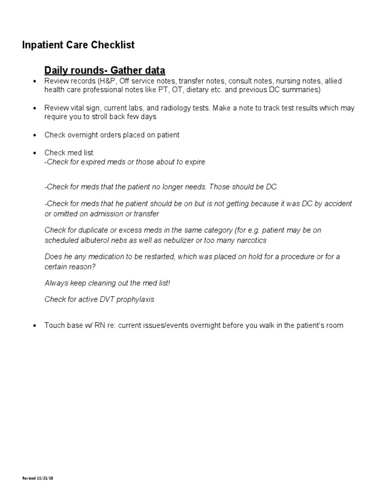 Inpatient Care Daily Rounds Checklist | PDF | Patient | Medical Diagnosis