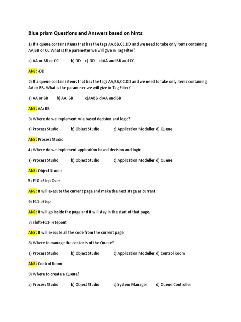 Blue Prism Exam Questions and Answers | PDF | Variable (Computer ...