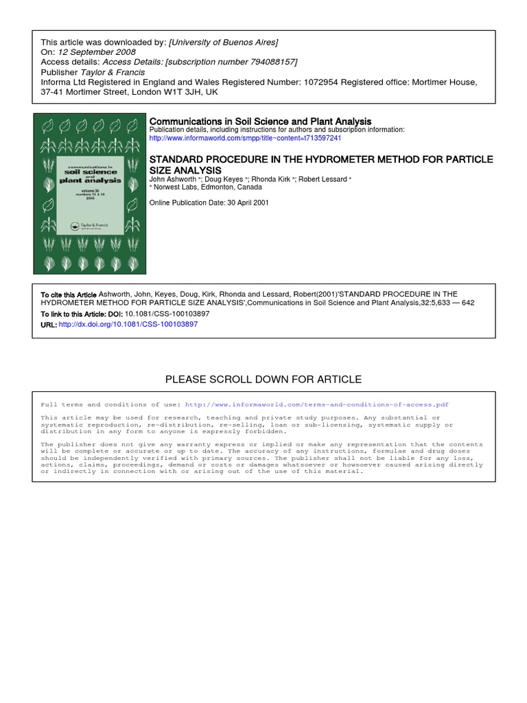 Bouyoucos Method Hydrometer Standarización Ashworth Et Al Communication