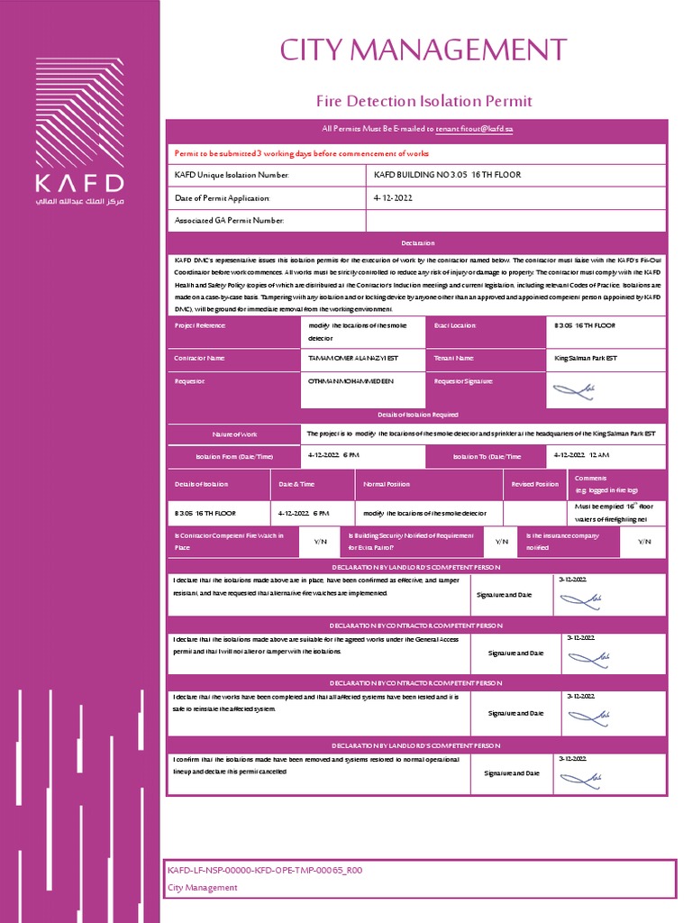 KAFDLFNSP00000KFDOPETEM00065 R00 Fire System Isolation Permit