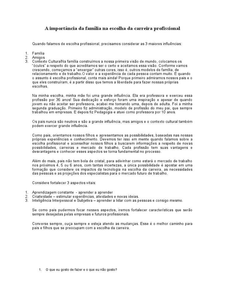 Influência Familiar na Carreira Profissional | PDF | Família | Aprendizado