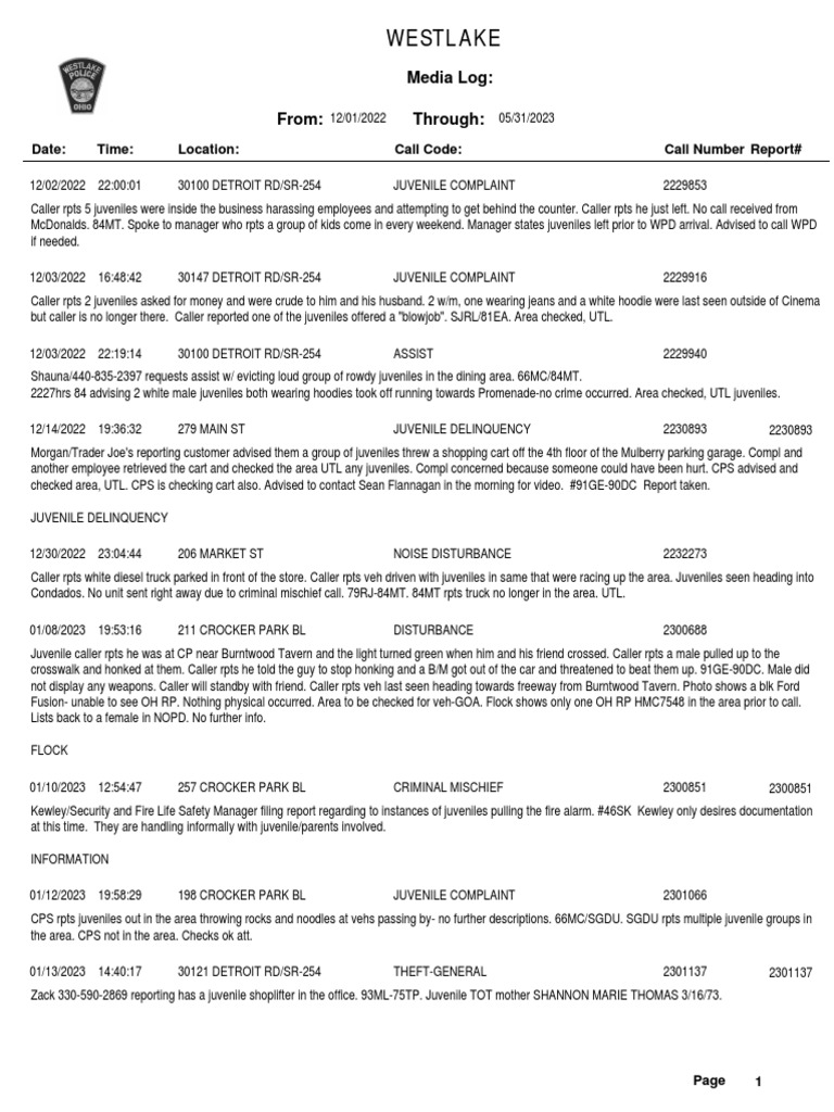 List of Calls To Westlake Police Department Re Crocker Park Incidents