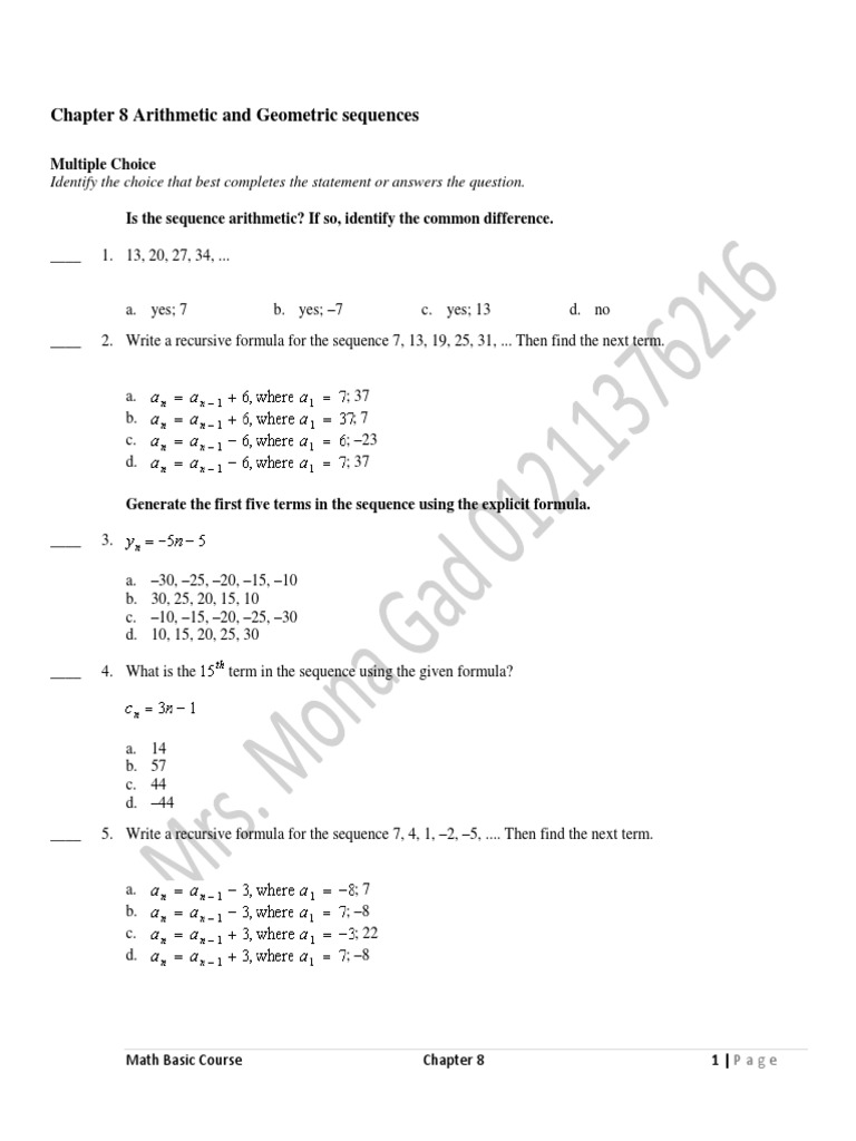 Chapter 8 Arithmetic and Geometric Sequences | PDF | Foot (Unit ...