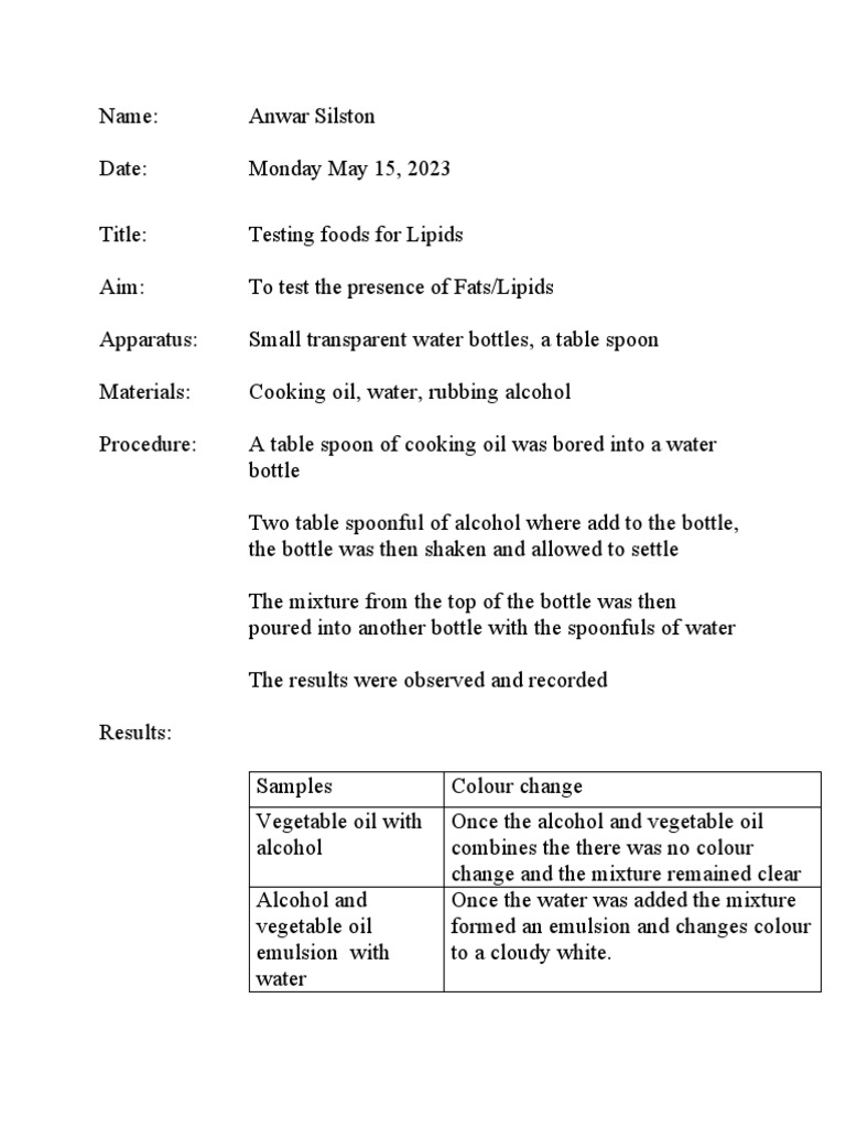 Experiment Test For Lipids PDF