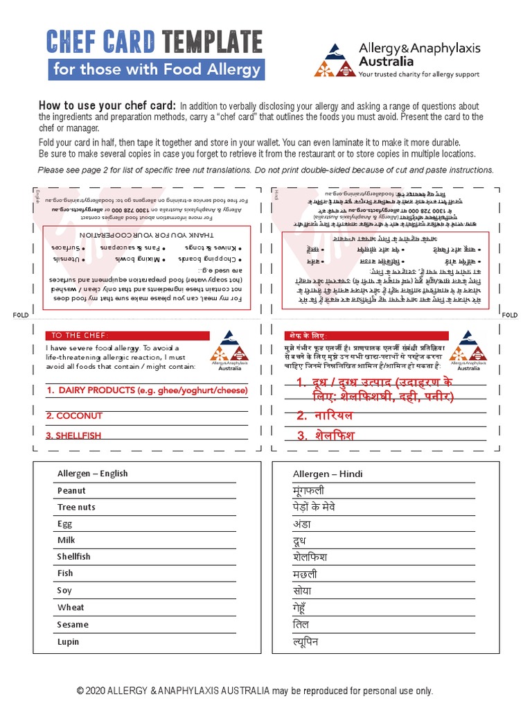 Chef Card Template HINDI 18092020 | PDF | Food Allergy | Allergy