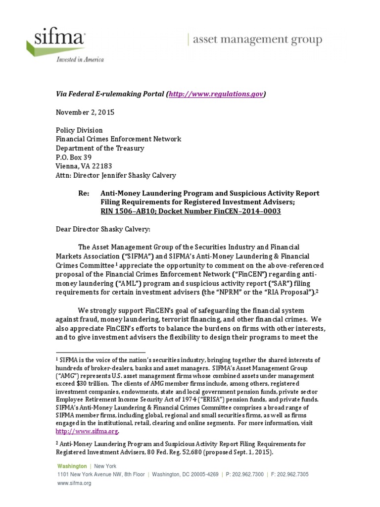 CorpCounsel AMLProposedRl SIFMA AMG ComntLtr USTreasuryDept AML Program