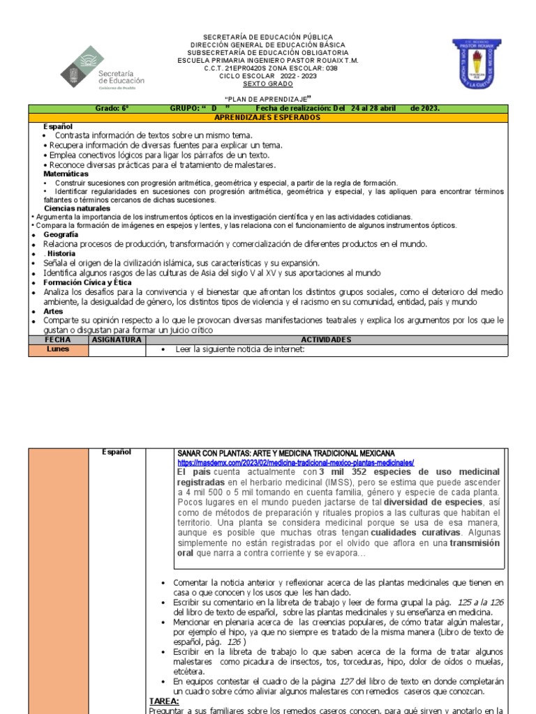 Plan. Del 24 Al 28 de Abril-6°c | PDF | Educación primaria | Estética