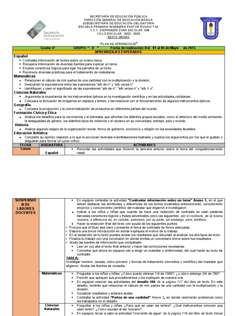 Plan de Aprendizaje Sexto Grado | PDF | Edades medias | Educación primaria