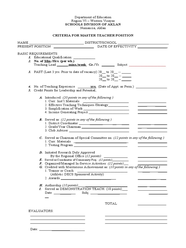 Criteria For Master Teacher | PDF