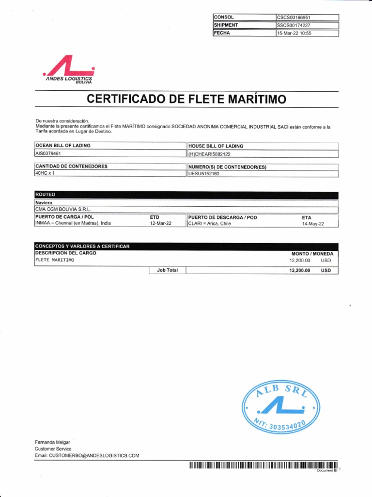 Certificado de Flete Marítimo | PDF