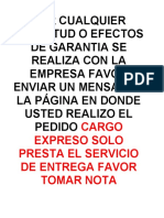 Por Cualquier Inquietud O Efectos de Garantia Se Realiza Con La Empresa Favor Enviar Un Mensaje A La Página en Donde Usted Realizo El Pedido