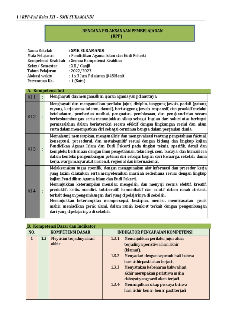 RPP PAI Kelas XII SMK Sukamandi | PDF | Sains & Matematika