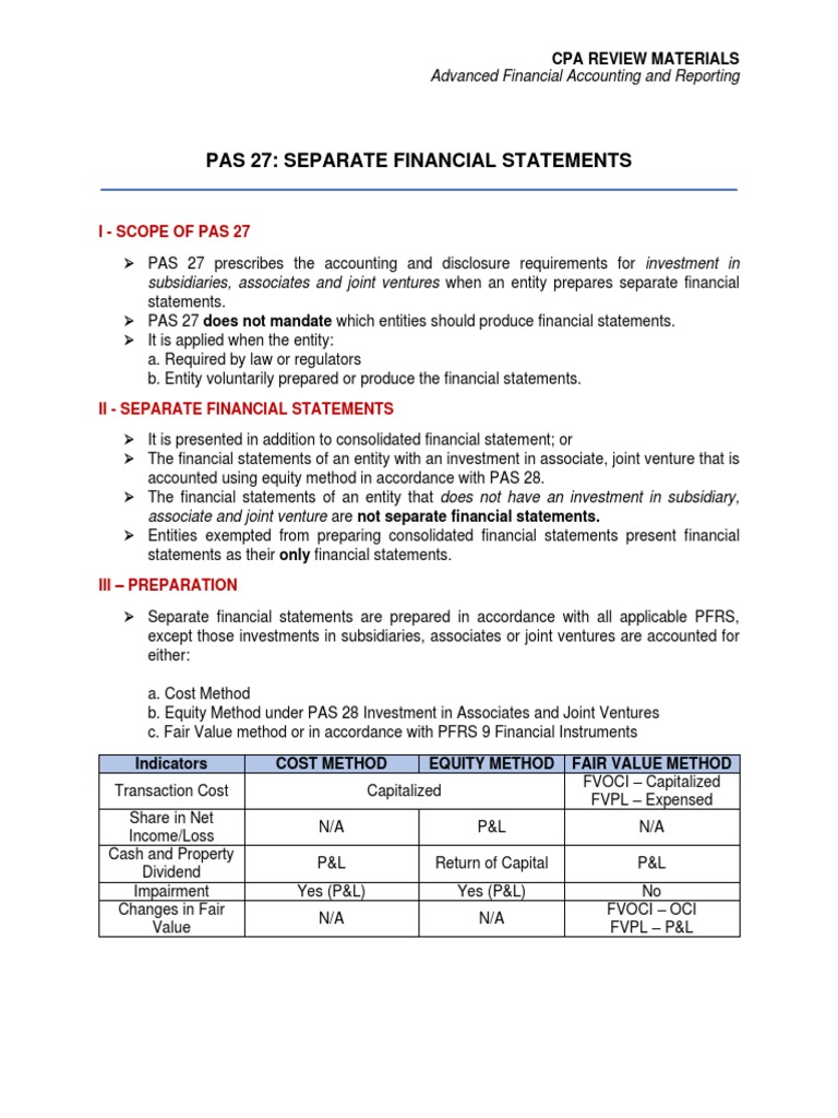 PAS 27: Separate Financial Statements Guide | PDF | Income Statement ...