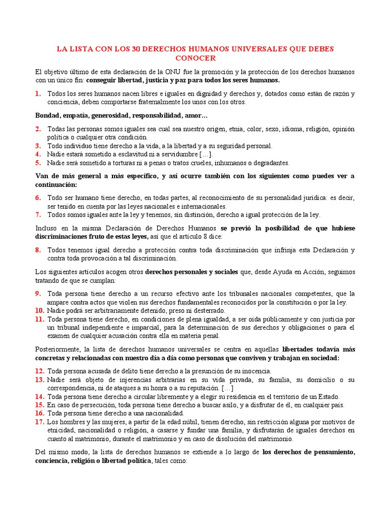 La Lista Con Los 30 Derechos Humanos Universales | PDF | Derechos