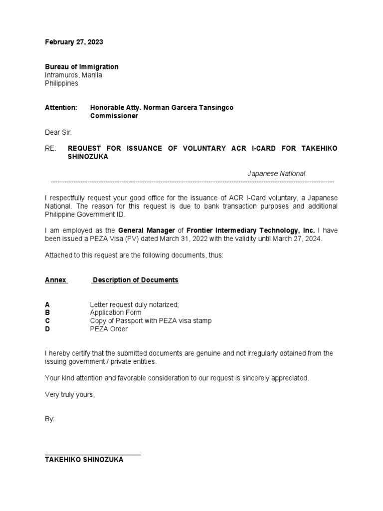 Letter Request For ACR ICard Voluntary PDF