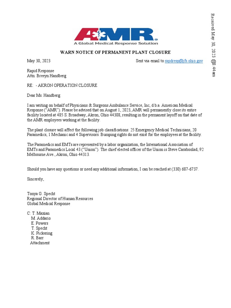 American Medical Response WARN Letter To ODJFS | PDF