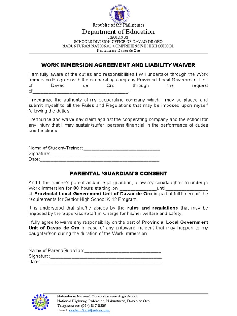 Work Immersion Agreement Waiver | PDF | Civil Law (Legal System ...