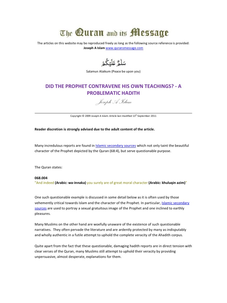 Did The Prophet Contravene His Own Teachings? - A Problematic Hadith | PDF