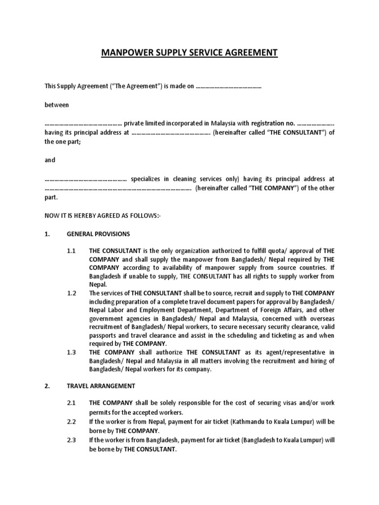 Manpower Supply Service Agreement PDF Insurance Travel Visa