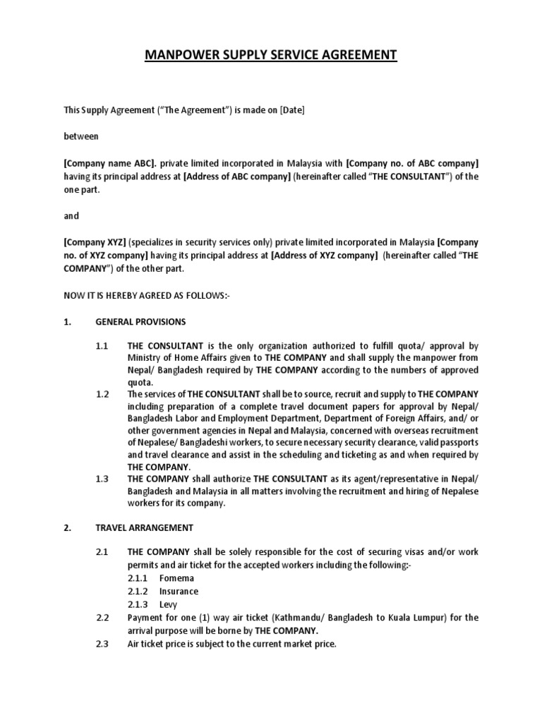 Manpower Supply Service AgreementSecurity Services PDF Travel Visa