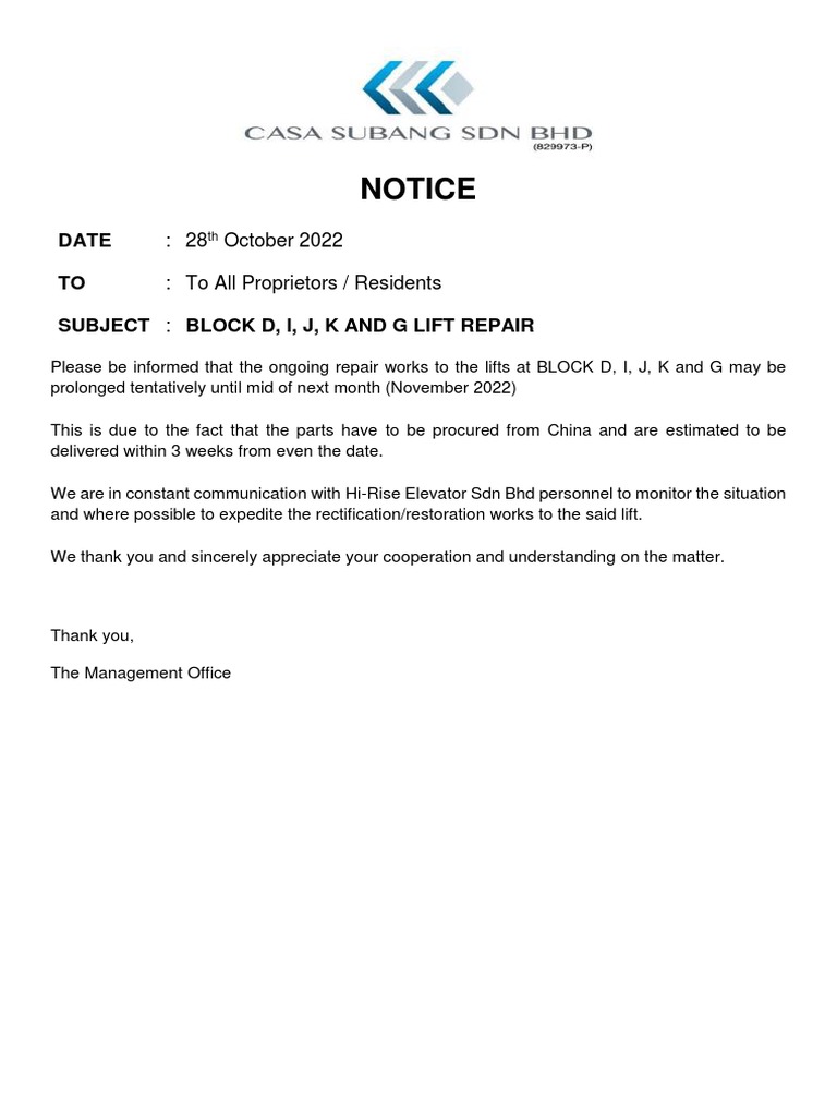 Memo Notice For Lift Maintenance PDF