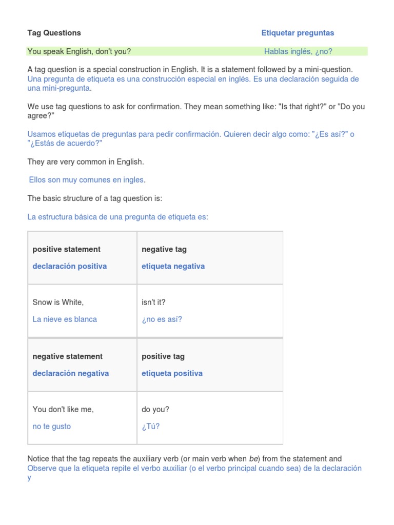 Estructura y ejemplos de tag questions | PDF | Lingüística | Gramática