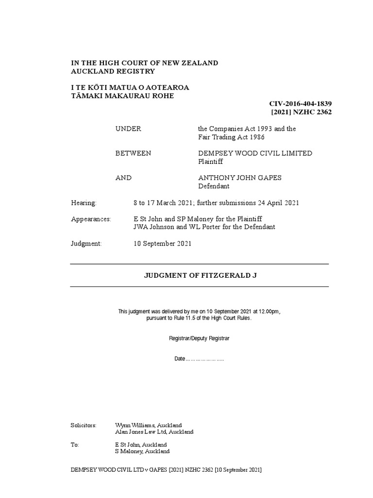 Dempsey Wood Civil LTD V Gapes (2021) NZHC 2362 PDF Insolvency
