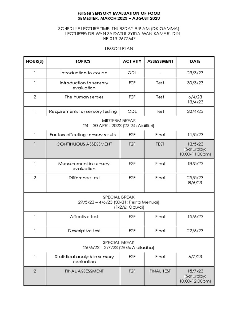Sensory Evaluation Course Schedule 2023 | PDF | Psychological Concepts ...