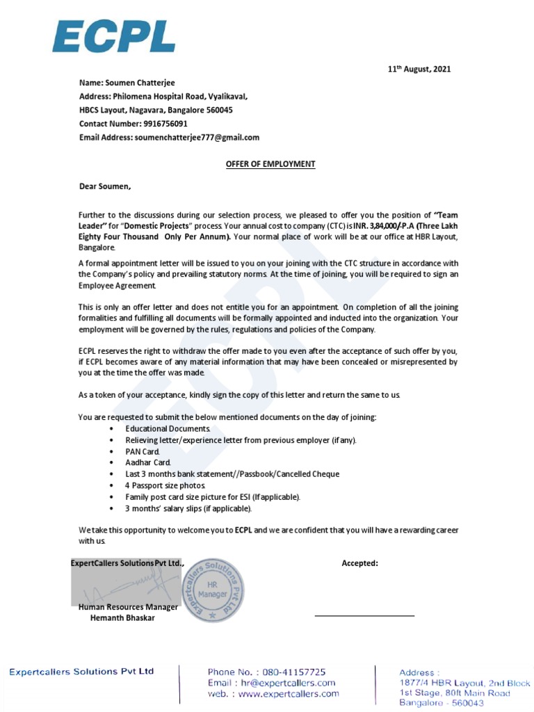 ECPL Employment Offer for Team Leader | PDF