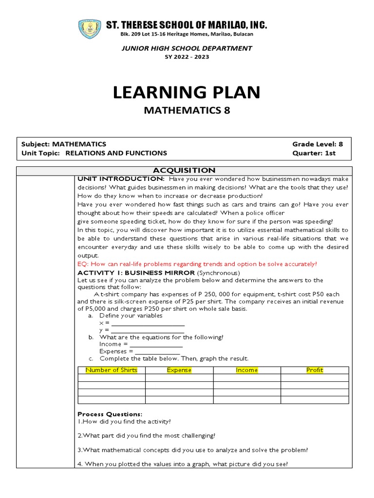 Math 8 Learning Plan | PDF | Cartesian Coordinate System | Equations