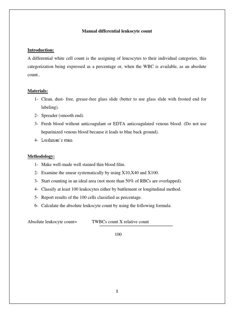 Manual Differential Leukocyte Count Procedure | PDF | Science & Mathematics