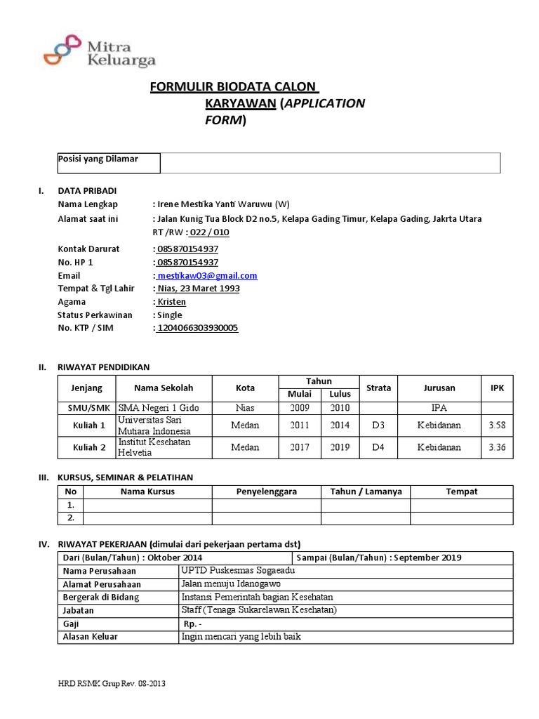 Biodata Irene Mestika Yanti Waruwu | PDF