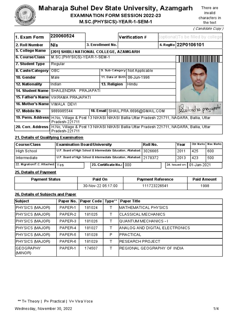 Examination Form Session 202223 M.SC. (PHYSICS) YEAR1SEM1
