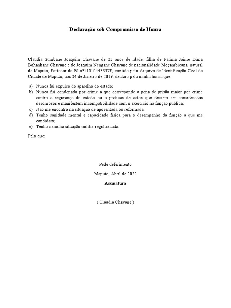 Declaração de Compromisso de Honra | PDF