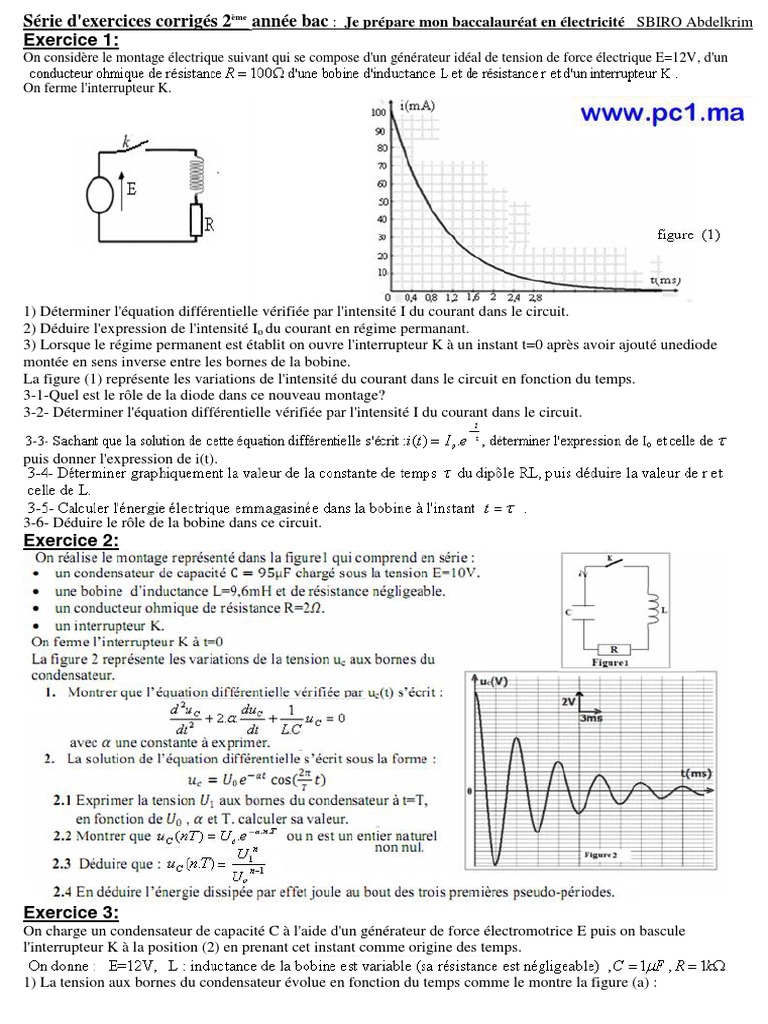 Exercices corrigés RLC 2ème année bac | PDF | Condensateur | Tension ...