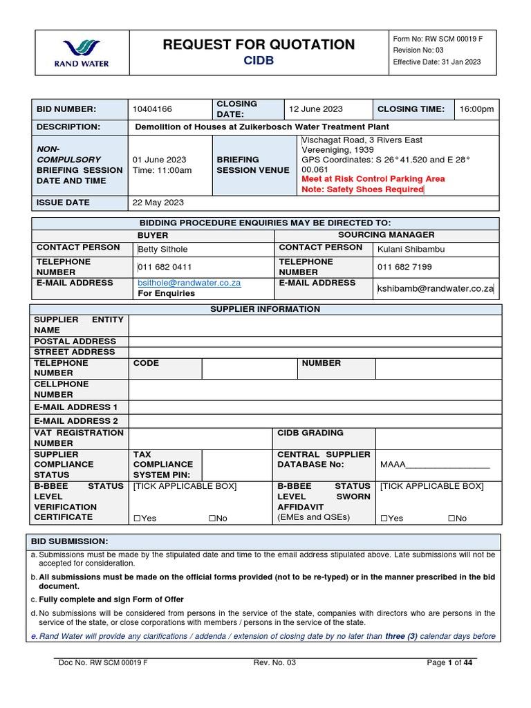 Request For Quotation (CIDB) Demolition of Houses at Zuikerbosch