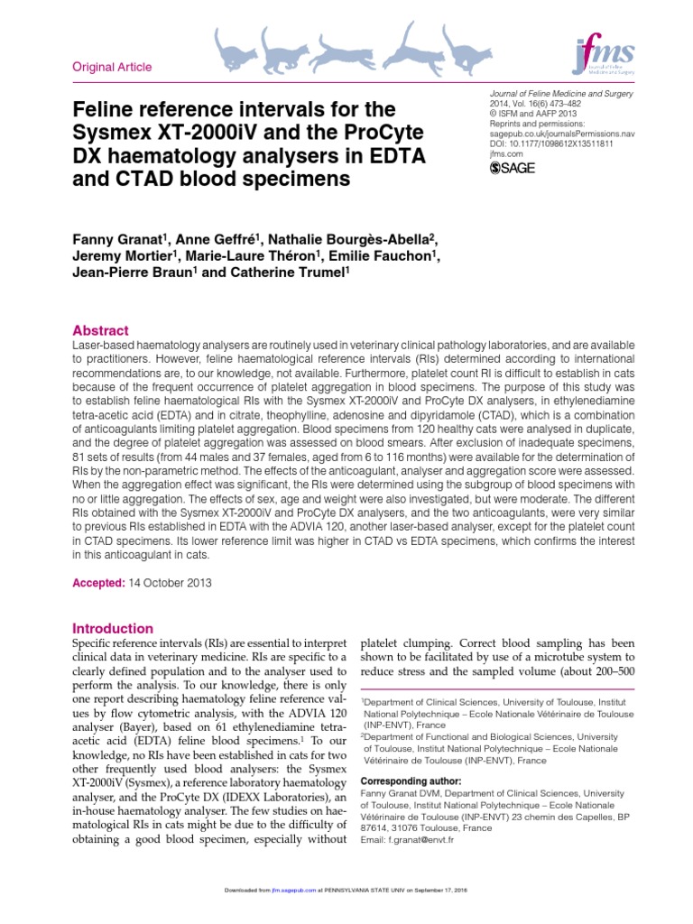 Feline Reference Intervals For Sysmex XT-2000iV and ProCyte | PDF ...