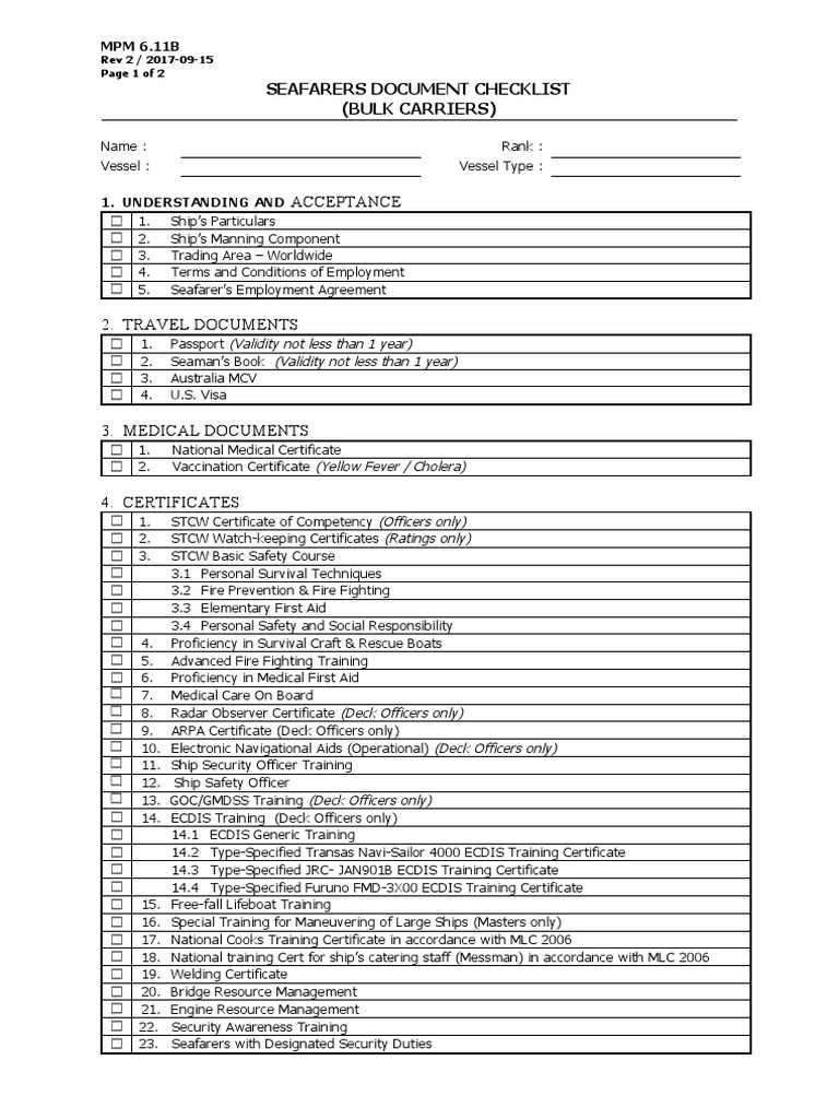 Seafarers Document Checklist for Bulk Carriers | PDF | Sailor | Ships