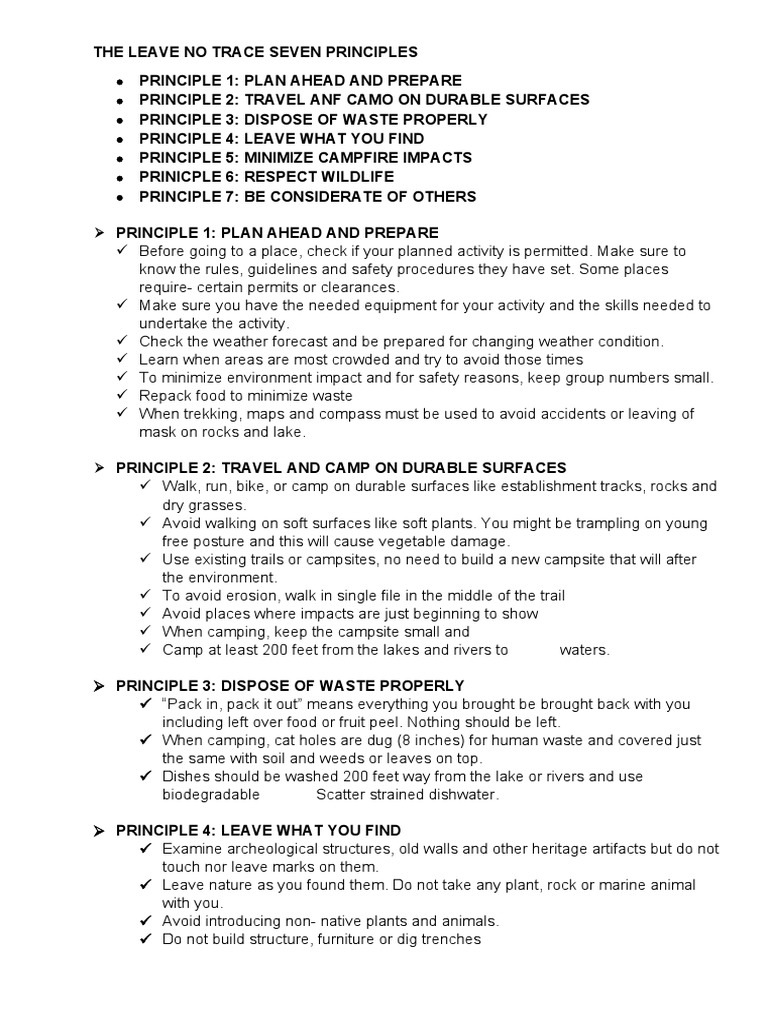 Seven Principles of Leave No Trace | PDF | Fires | Campsite