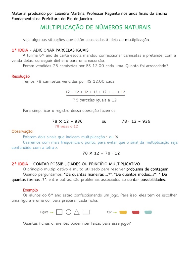 Multiplicação de Números Naturais: 1 Ideia | PDF | Números | Algoritmos