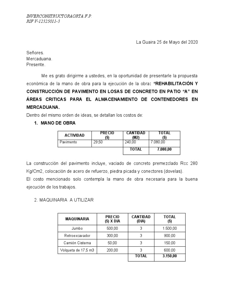 Carta de Oferta Mano de Obra | PDF