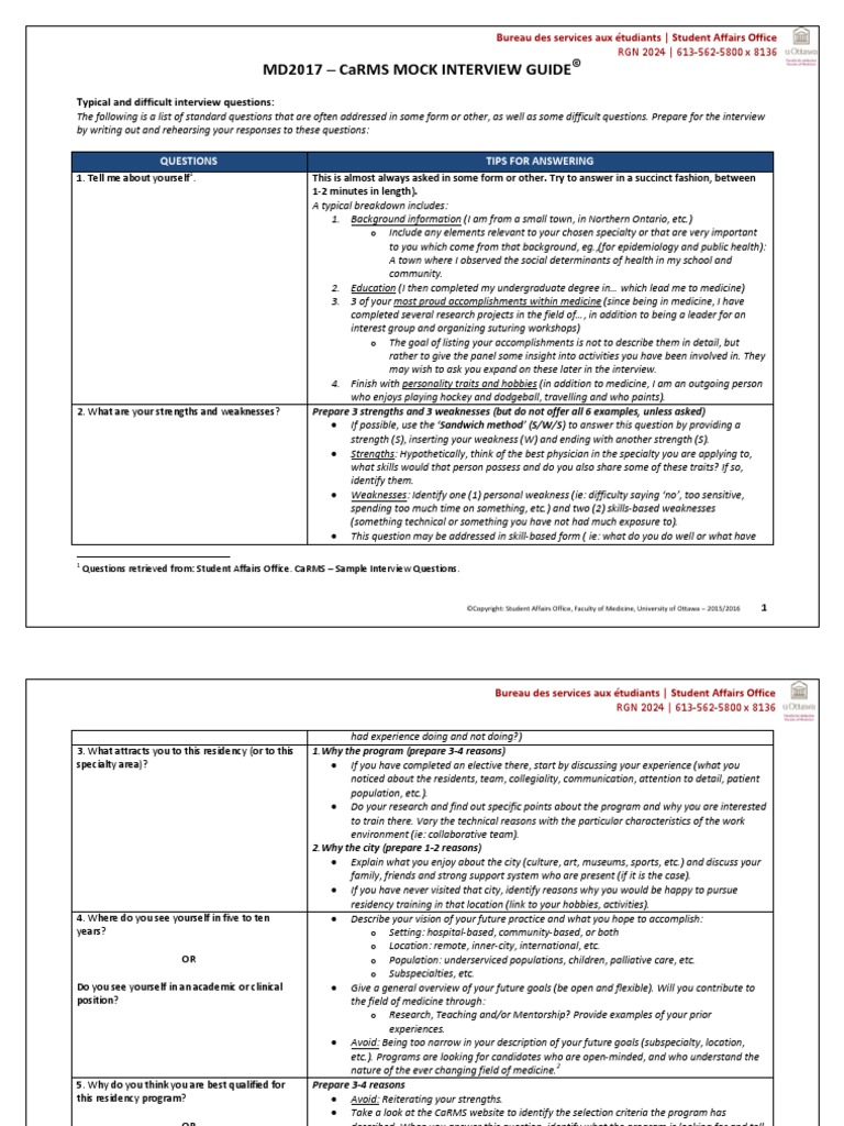 Md2017 Carms Mock Interview Guide | PDF | Medical School | Residency ...