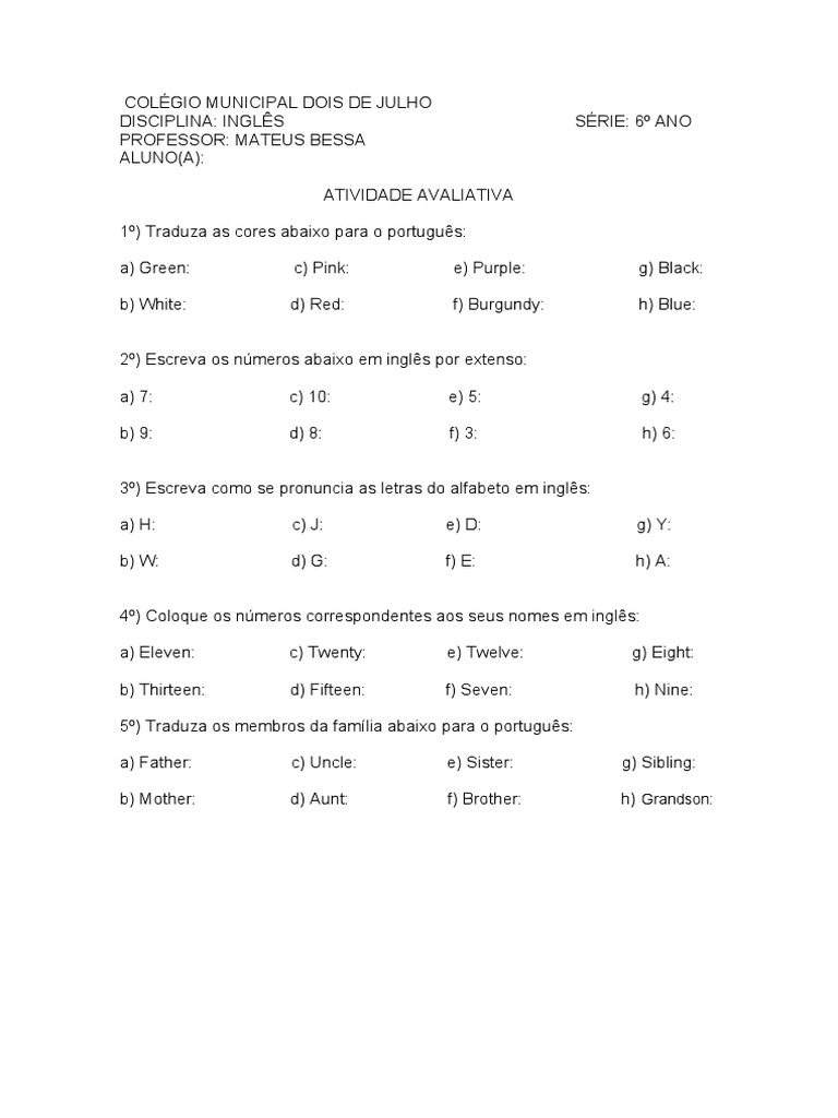 Atividade Avaliativa de Inglês - 6º Ano | PDF | Estudos de Línguas ...