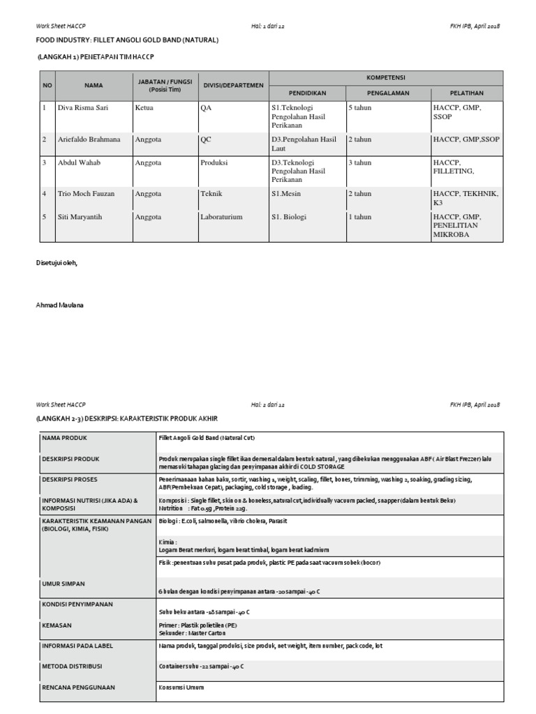 HACCP untuk Fillet Angoli Gold Band | PDF