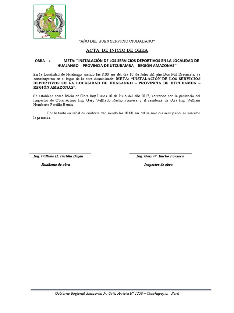 Acta de Entrega y de Inicio de Obra | PDF