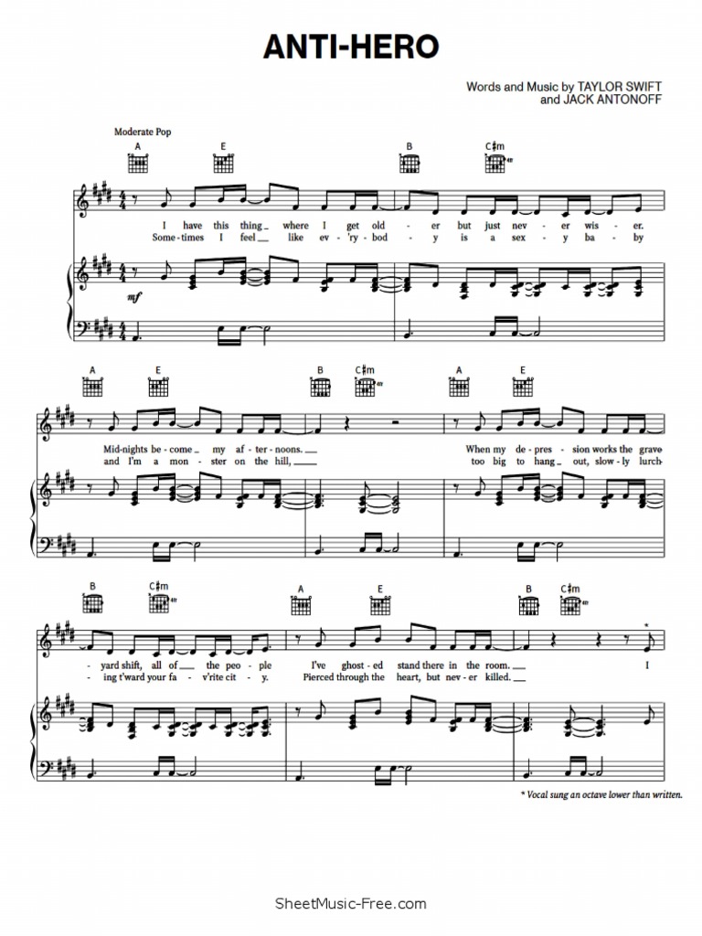 Anti-Hero Sheet Music Taylor Swift | PDF for Taylor Swift Piano Sheet Music Free Printable