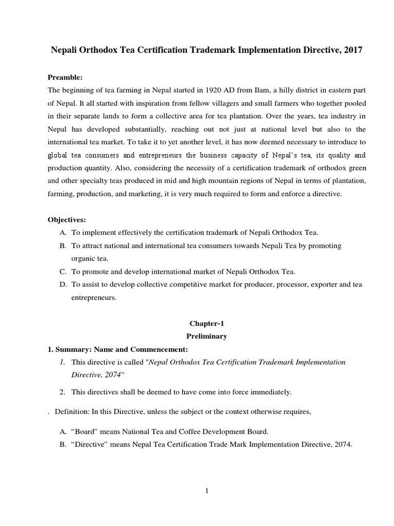 Nepali orthodox tea certification trademark implementation directive