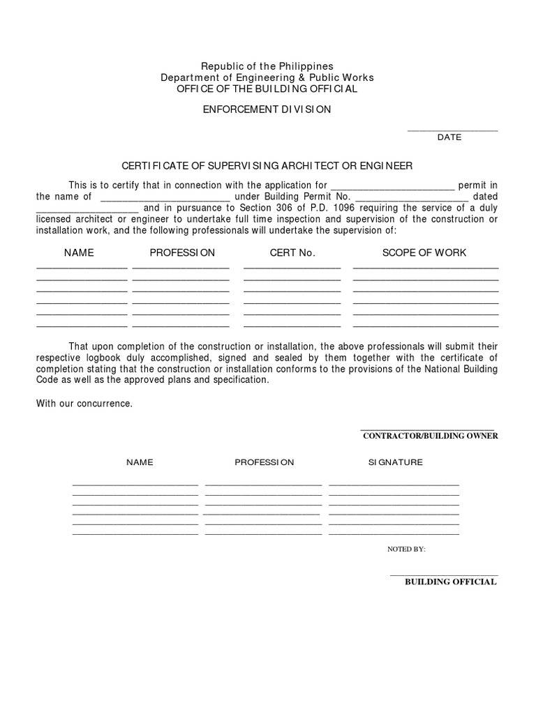 Certificate of Supervising Architect/Engineer | PDF | Architect | Justice