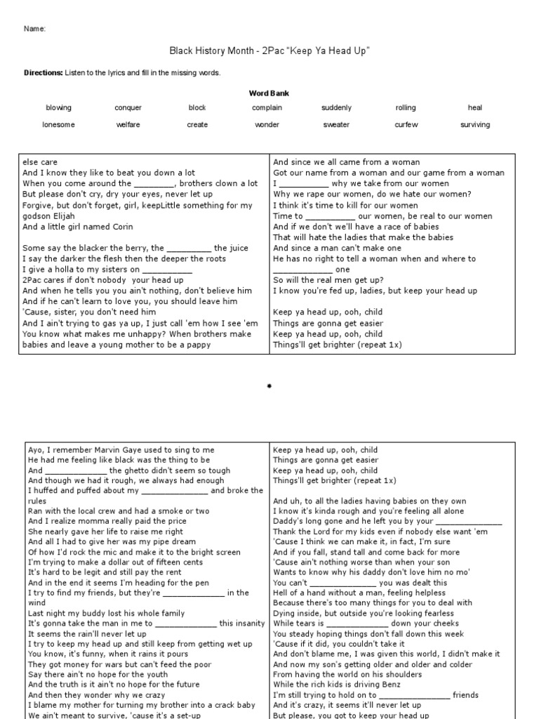 Keep Ya Head Up Lyrics Gap Fill 1 PDF