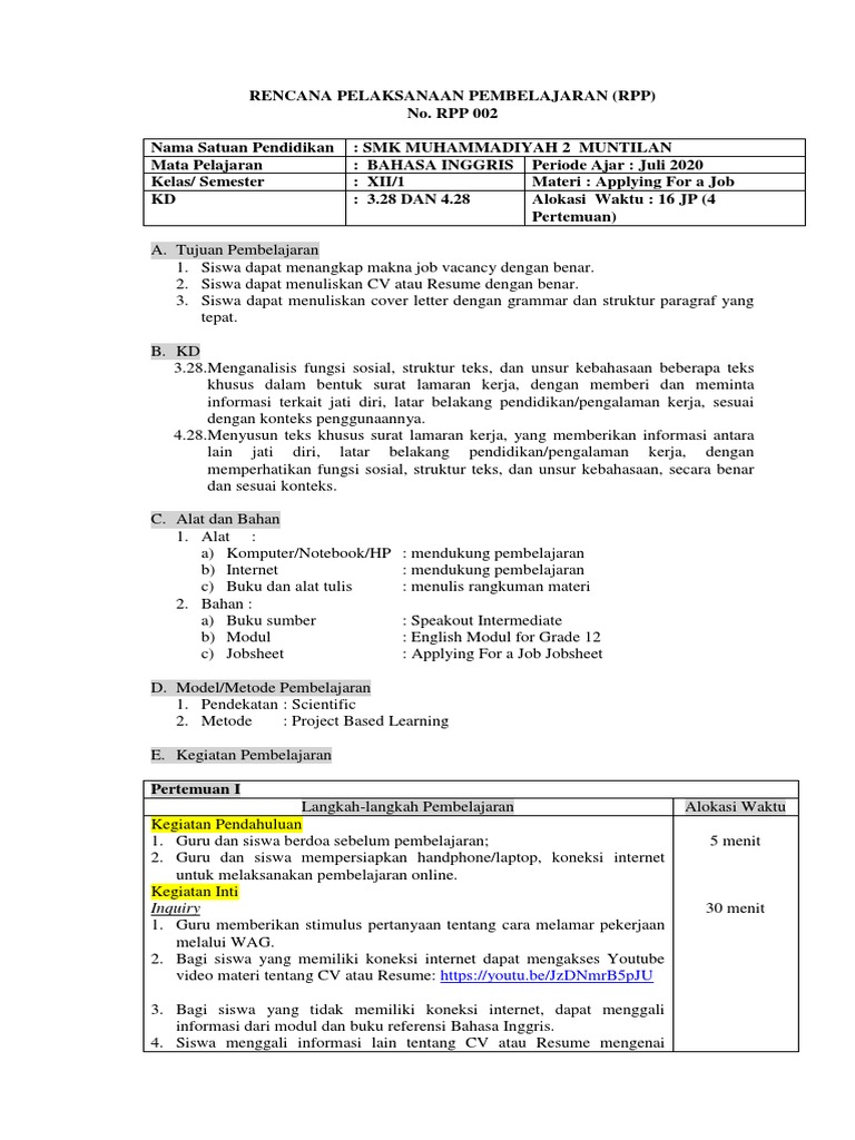 RPP Daring Bahasa Inggris Kelas 12 Cover Letter | PDF